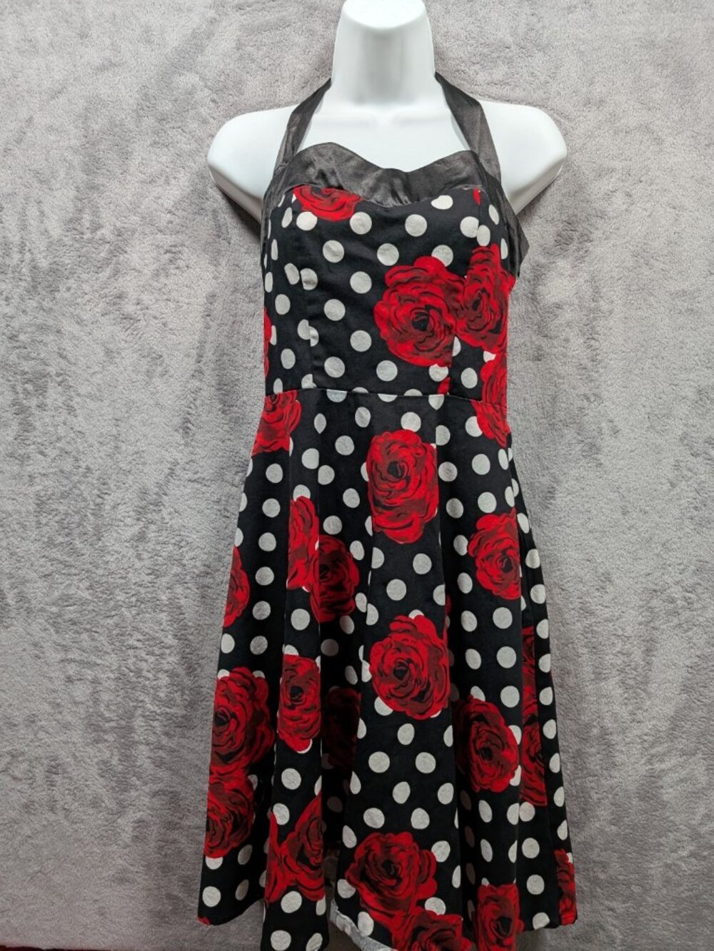 Dresstells Womens Size Medium Polka Dot Roses Halter Dress Retro Flare Rock
